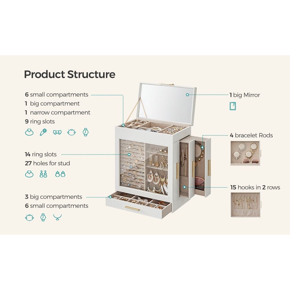 Hộp Đựng Trang Sức, Phụ Kiện SONGMICS, Hộp Đựng Đồ Nữ Trang, Mỹ Phẩm, Nhập Đức, Bepchauau