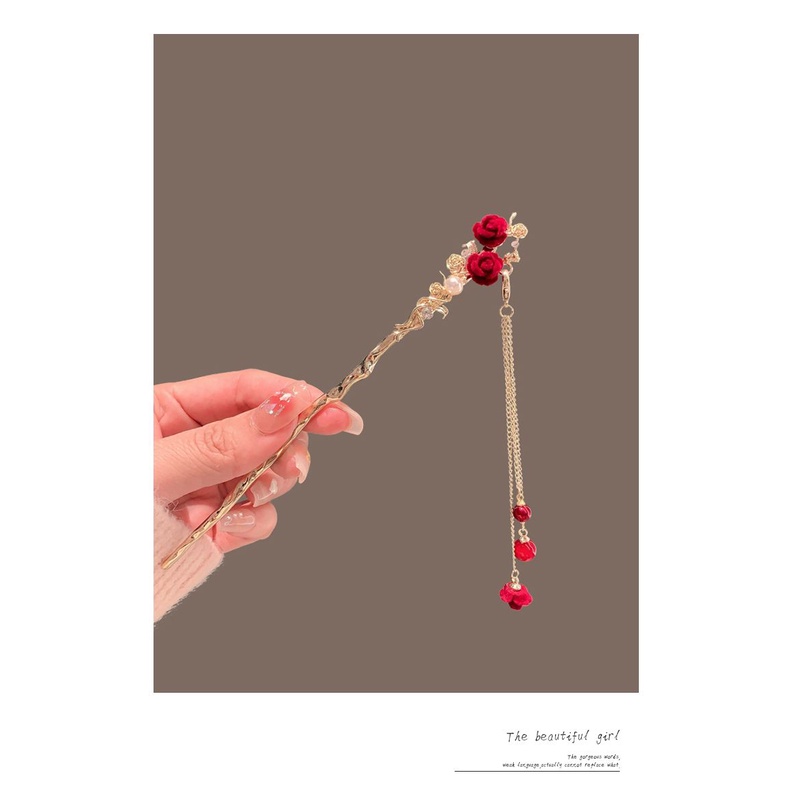 Trâm Cài Tóc Hình Hoa Hồng Phối Tua Rua Phong Cách Cổ Điển Cho Cô Dâu