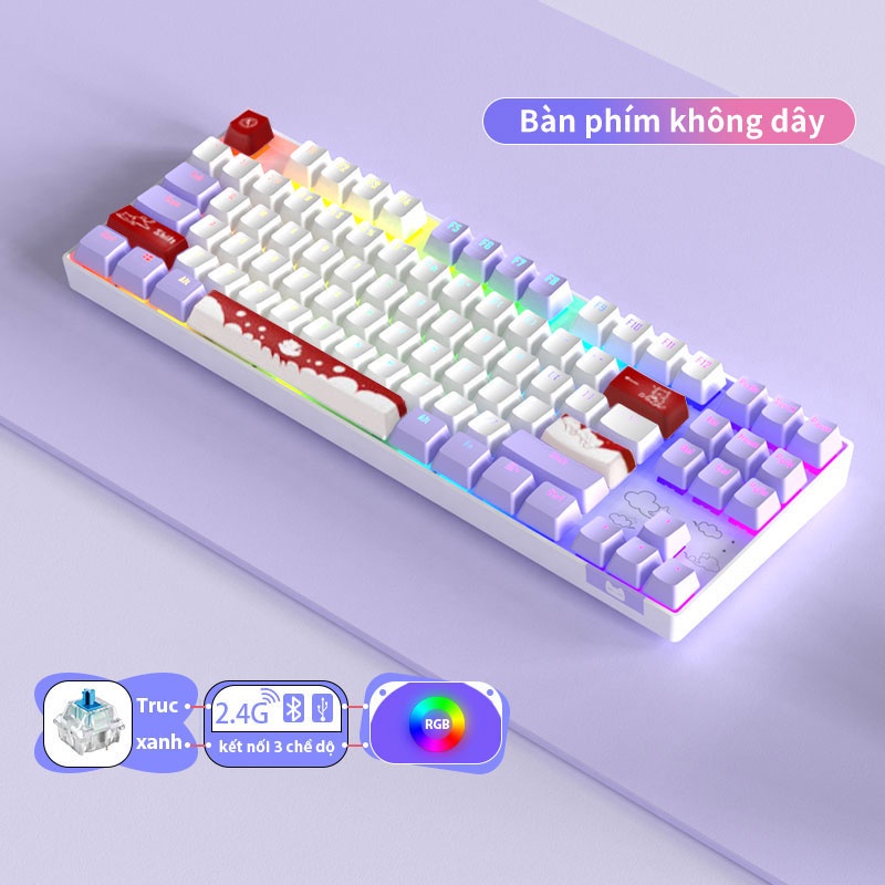 Bàn Phím Cơ Gaming Không Dây 2.4G/Bluetooth BASIC KB11 87 Phím Màu Tím/xanh/hồng,có đèn RGB，3 Chế độ Kết Nối