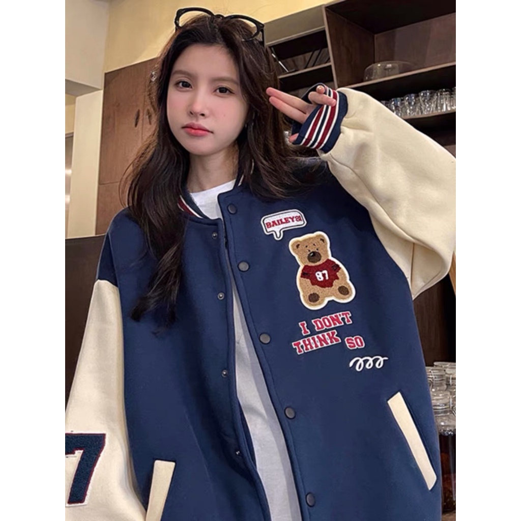 Áo khoác bomber varsity thêu hình gấu teddy , chất nỉ ấm áp phong cách cho cả nam và nữ EB014 Meme