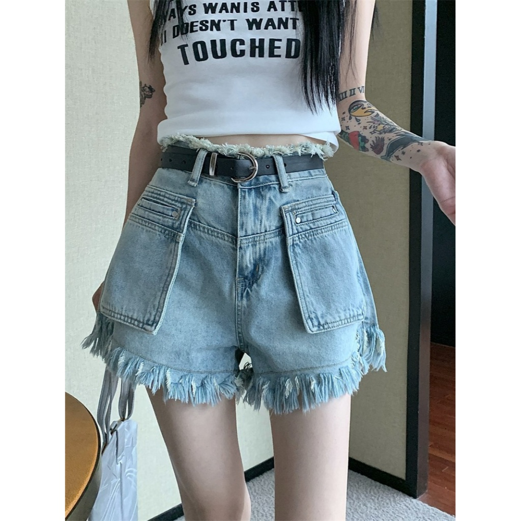 Quần Short Jean LUCKY Quần Đùi Jean nữ Lưng Cao Ống Rộng Tua Dua Thời Trang