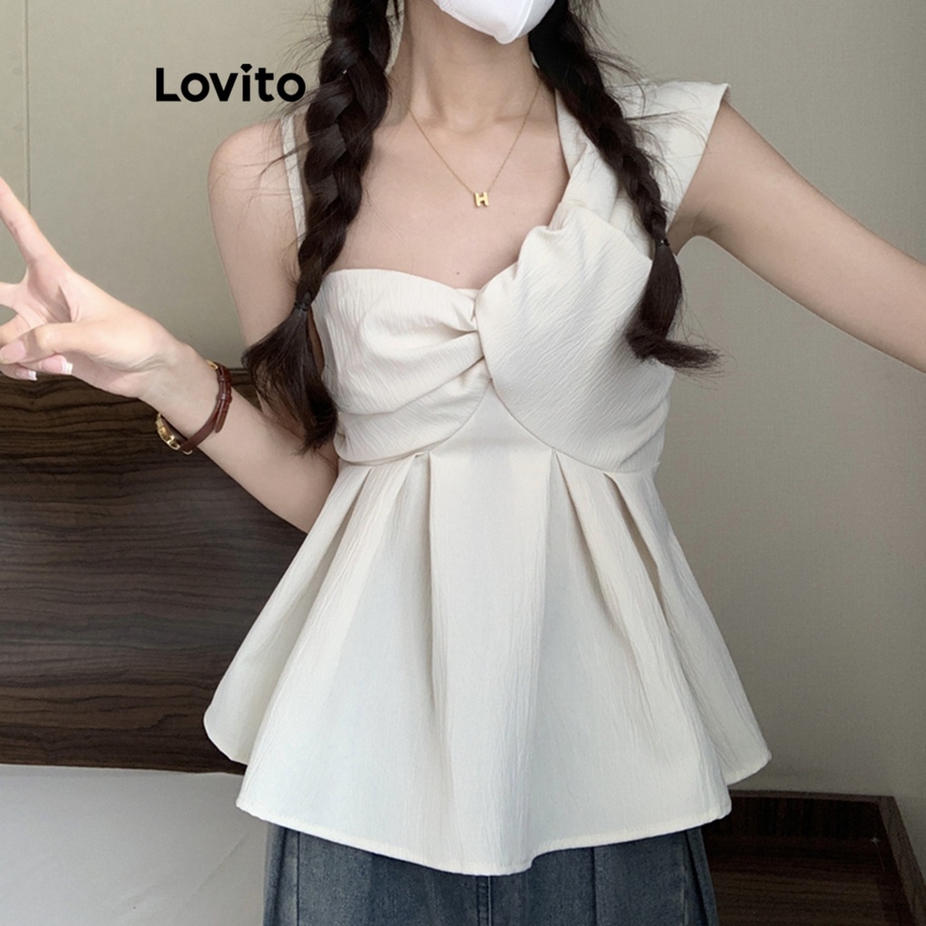 Áo croptop Lovito thắt nút bất đối xứng màu trơn thường ngày cho nữ LNE16076