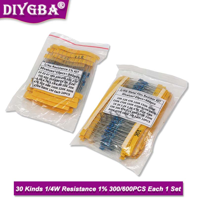Bộ 600 Linh Kiện Điện Trở Màng Kim Loại 30K 100k 220ohm 1m 300 Cái 1k 10k 100k 220ohm 1m