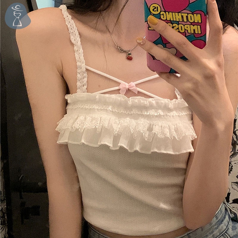 Áo Hai Dây Hở Lưng Phối Ren In Hoa Dễ Thương Ngọt Ngào Thời Trang Đi Biển Mùa Hè Cho Nữ