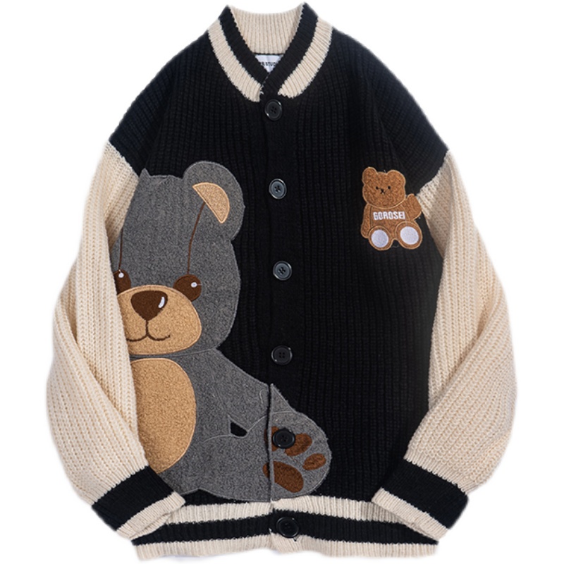 Áo Khoác cardigan Dệt Kim Thêu Họa Tiết Gấu Màu Sắc Tương Phản Thời Trang Thu Đông 2023