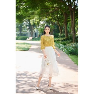Áo tơ xanh cốm hoa nhí, dáng suông can ren Toson 11994C93