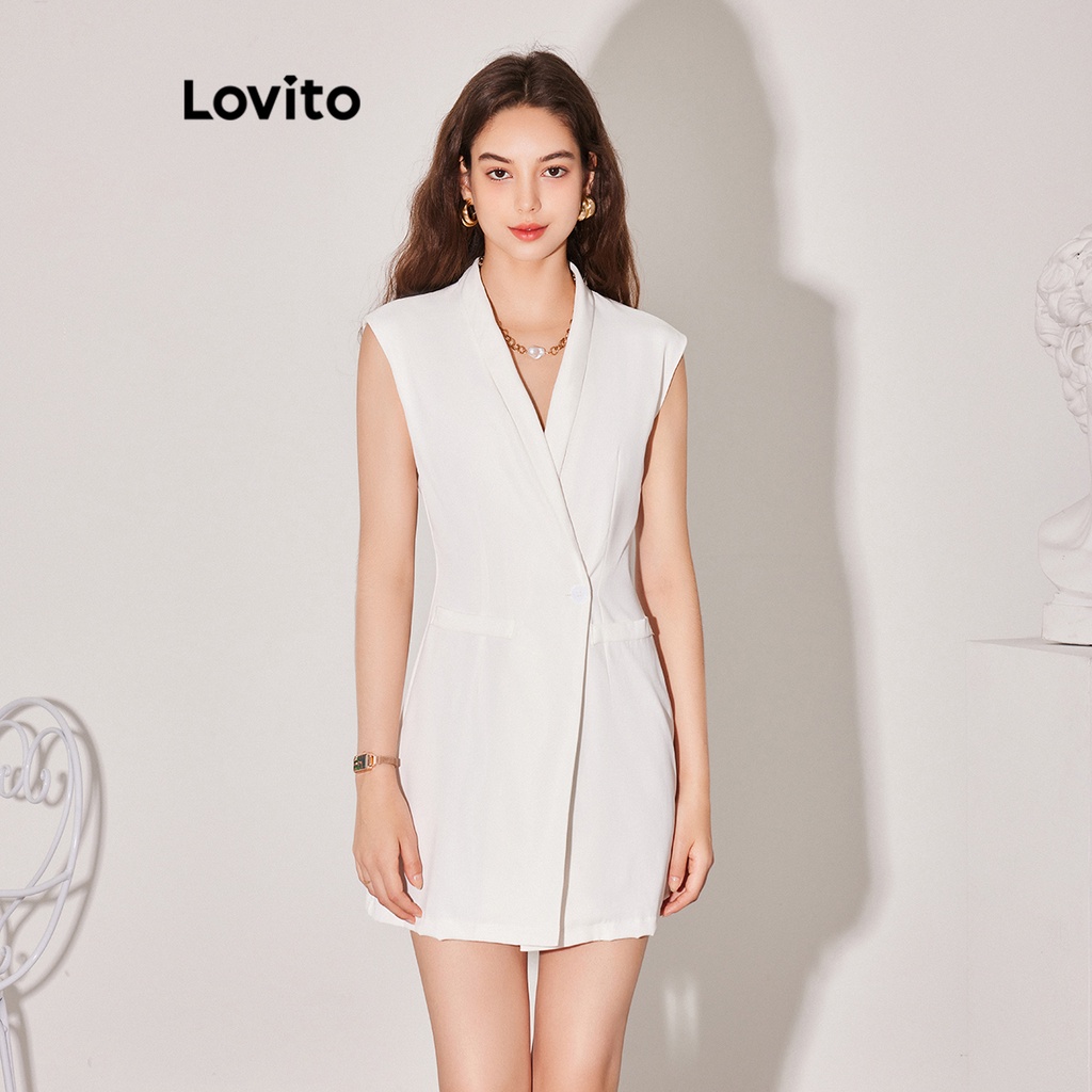 Đầm Lovito màu trơn ôm sát phối nút thời trang thanh lịch cho nữ L59ED132