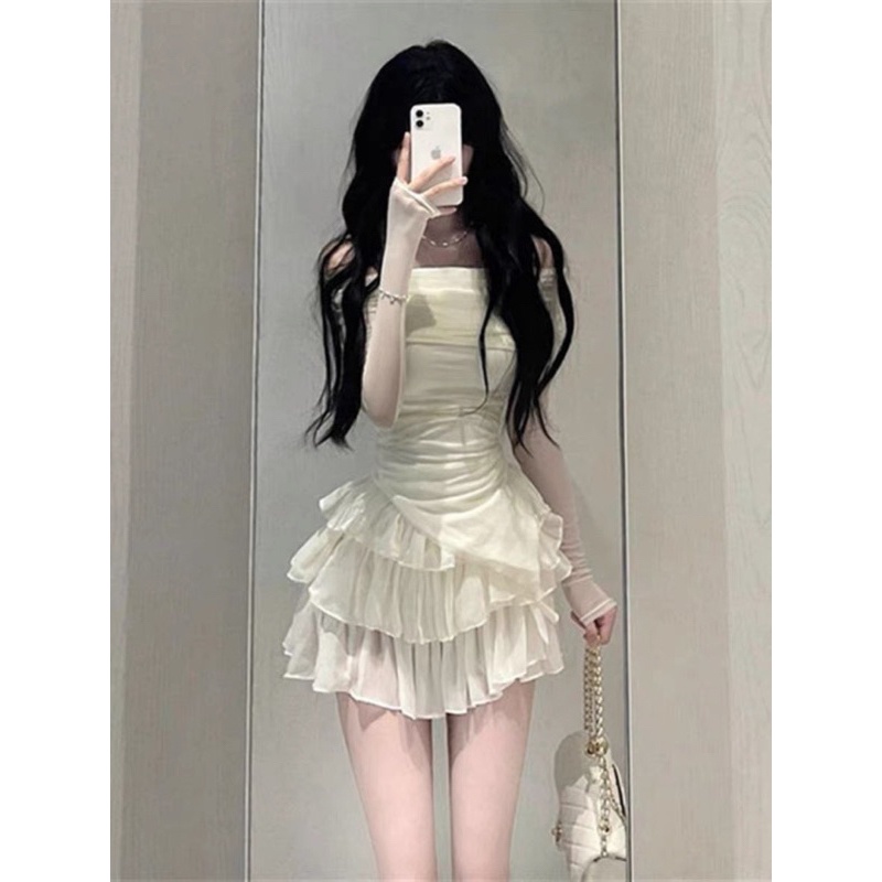 Set Áo Len Giấy Trễ Vai Body Mix Chân Váy Tơ Tầng Hàng 2 Lớp Tiệm Chang Hie