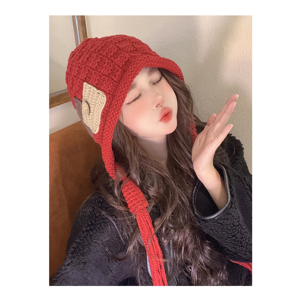 Mũ Len Dệt Kim Đính Nút Phối Tua Rua Phong Cách Trung Hoa Thời Trang Thu Đông Cho Nữ