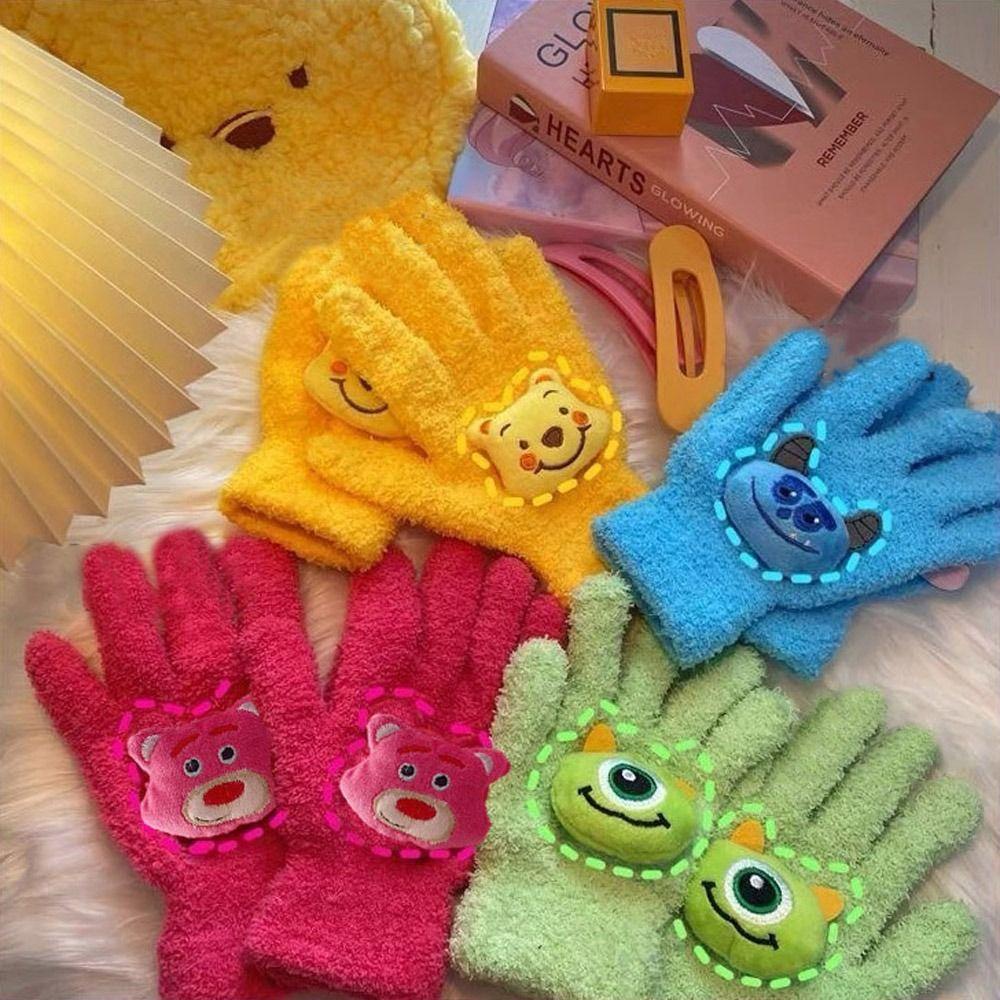 Găng Tay Lái Xe Năm Ngón Hình Gấu Bông Đôi Mắt To Bằng Lông Cừu San Hô kawaii Toàn Ngón Giữ Ấm Mùa Đông