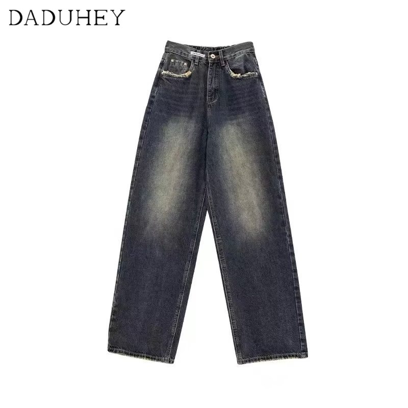 Quần jeans DADUHEY lưng cao ống rộng phong cách đường phố Mỹ cổ điển thời trang cao cấp