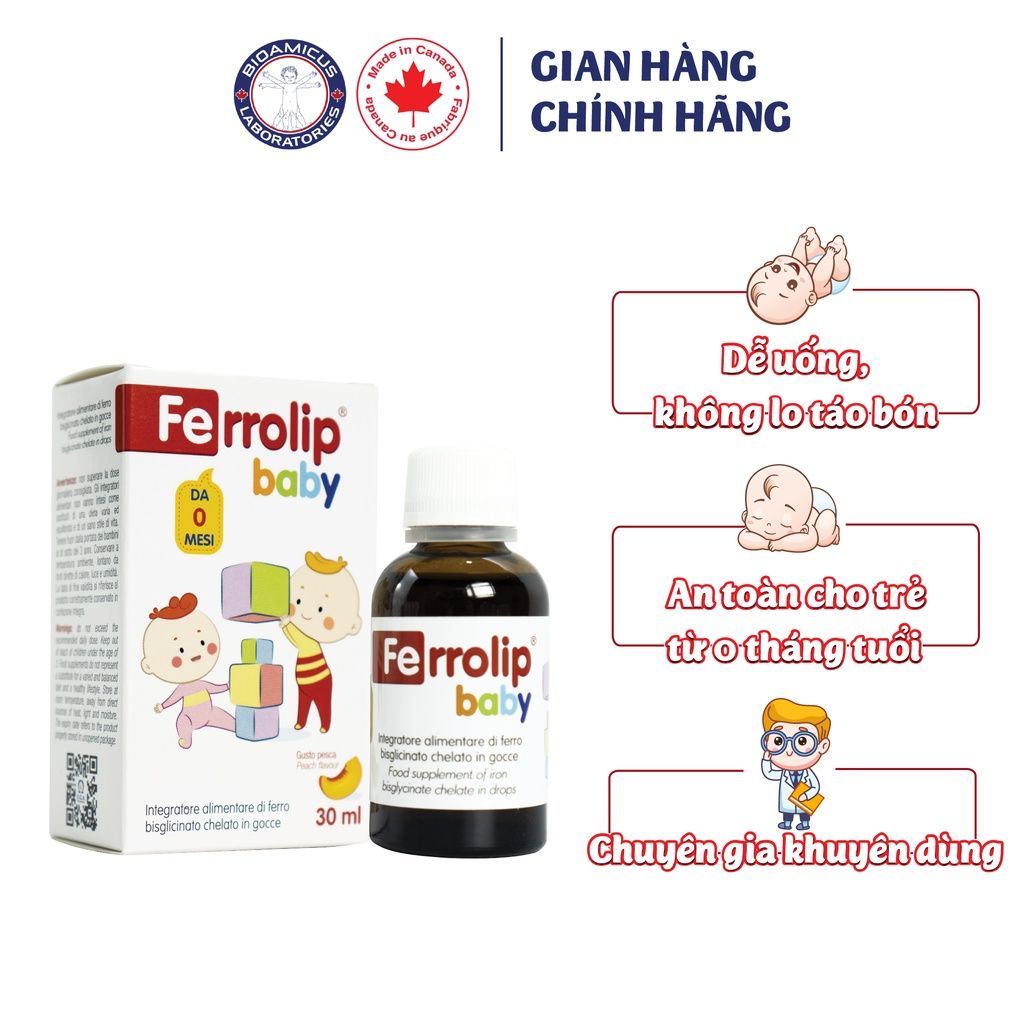 Sắt Ferrolip Baby dạng siro vị đào thơm ngon lọ 30 mL tặng