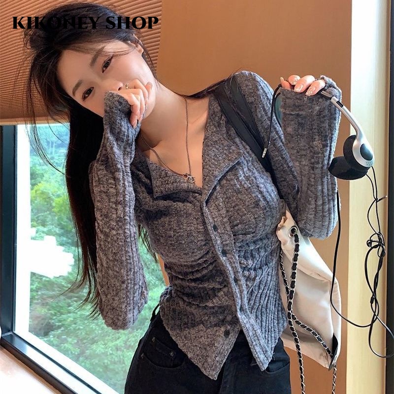 KIKONEY SHOP Áo Len áo khoác cardigan Vintage Phong cách Cổ điển INS WMY2390RL9 38Z230919