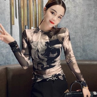Áo Thun Lưới Tay Dài Cổ Tròn Dáng Ôm In Họa Tiết Xinh Xắn Thời Trang Xuân Thu Cho Nữ