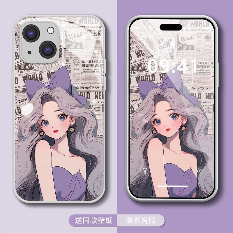 Ốp Điện Thoại Mặt Kính Hình Cô Gái Gắn Nơ Màu Tím / Trắng Cho Iphone 15promax 14 13promax 12 11promax