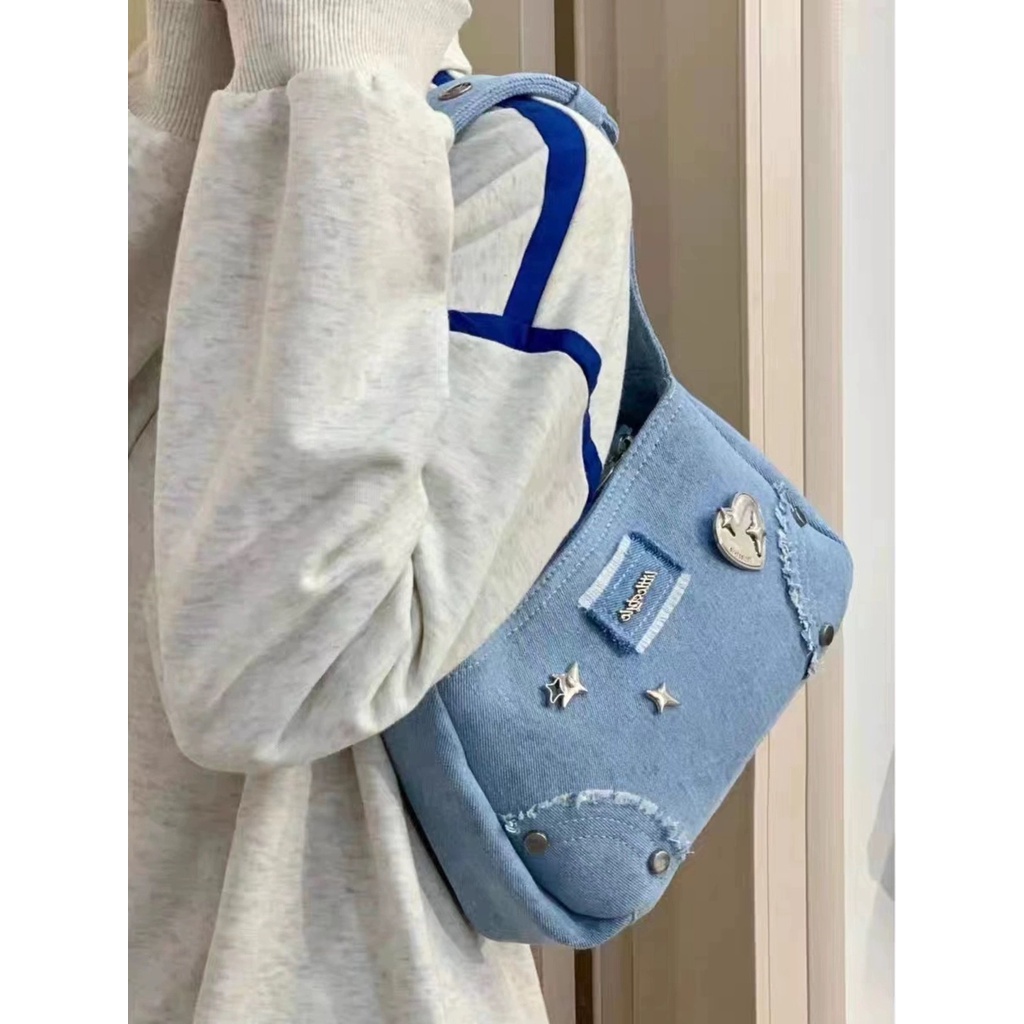 Shi chen Túi Xách tote denim Thời Trang Cổ Điển Hình Ngôi Sao Kim Loại Thiết Kế Đơn Giản Phong Cách niche Và Đa Năng Cho Nữ