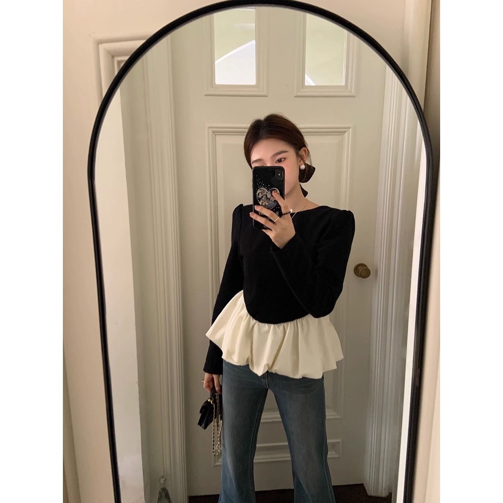 Áo Sơ Mi Dài Tay Cổ Tròn Phối Màu Tương Phản Phong Cách retro Hàn Quốc Thời Trang Mùa Thu Cho Nữ