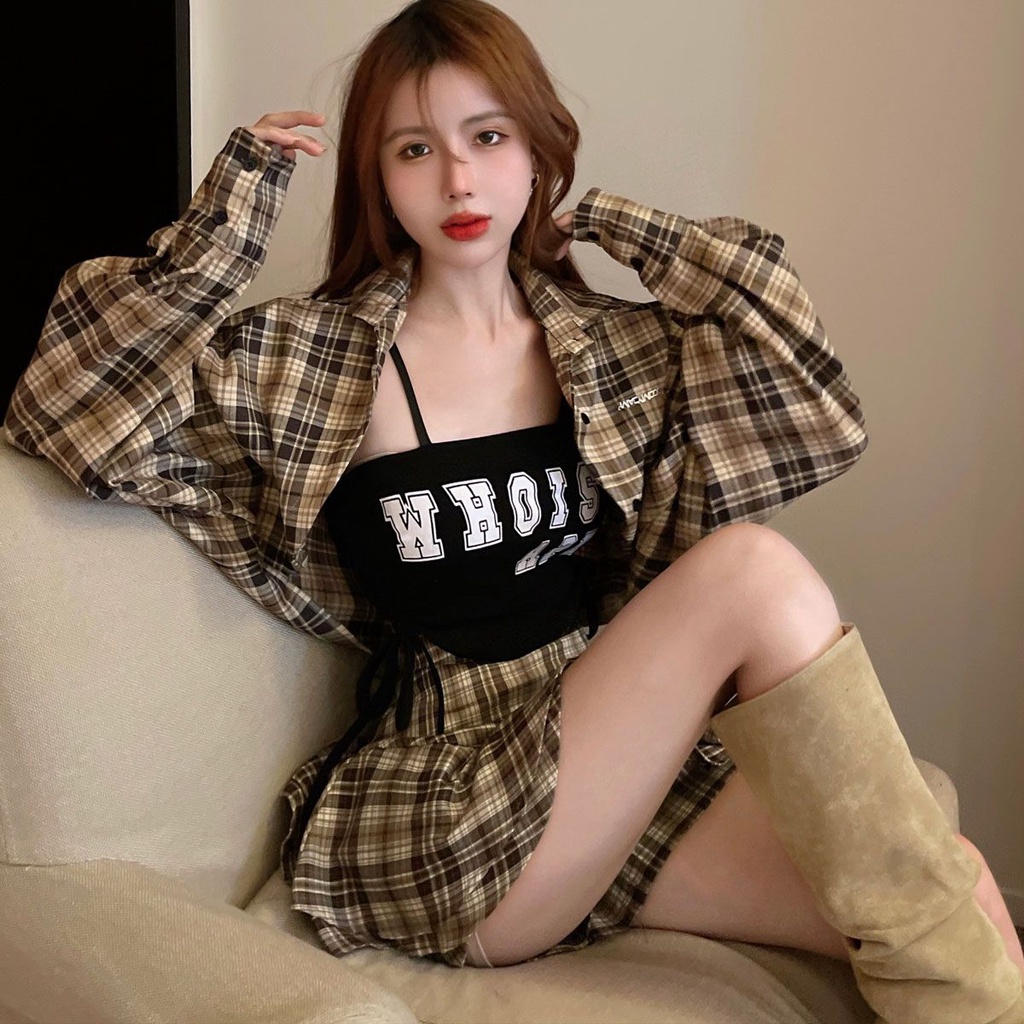 Set Áo Sơ Mi + Áo Khoác + Chân Váy + Áo Hai Dây Họa Tiết Kẻ Sọc Thời Trang Mùa Xuân Mới Cho Nữ