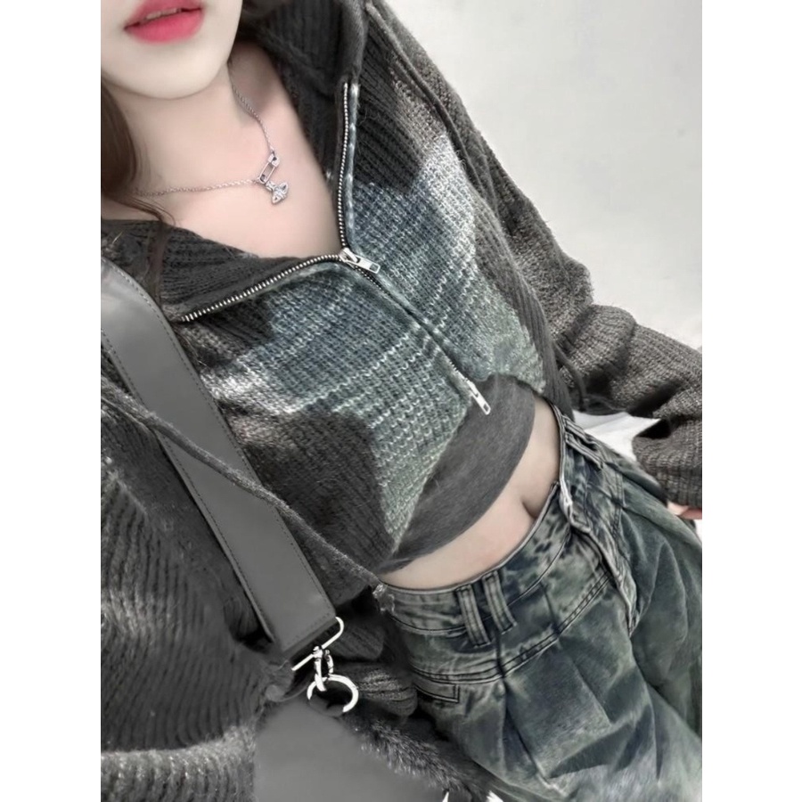 Áo Khoác cardigan Dệt Kim Dáng Ngắn Phối Khóa Kéo Phong Cách retro Cho Nữ