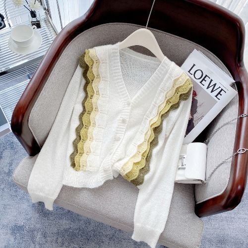 Áo Dệt Kim Cổ Chữ v Phối Bèo Màu Sắc Tương Phản Xinh Xắn Cho Nữ