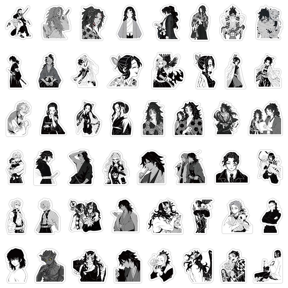 Set 100 Miếng Dán Trang Trí Điện Thoại / laptop / Vali / Mũ Bảo Hiểm Hình anime demon slayer Màu Trắng Đen