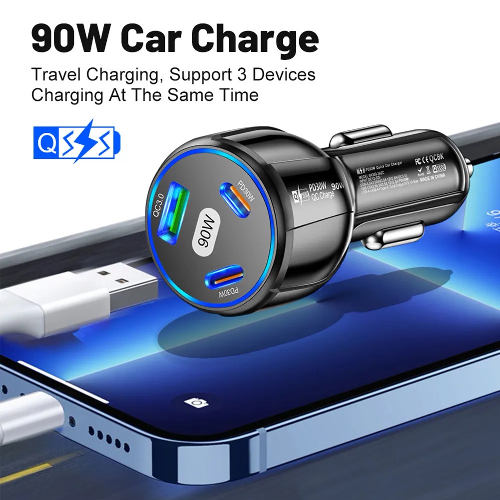 HUAWEI XIAOMI Tẩu Sạc Điện Thoại 3 Cổng usb qc3.0 90w Cho Xe Hơi samsung