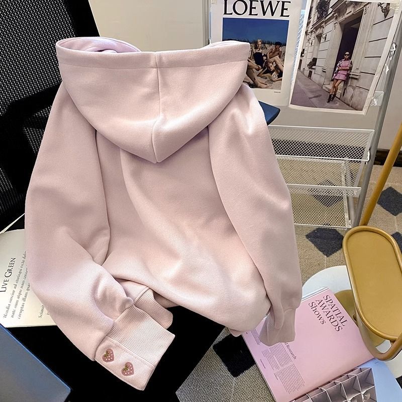 Áo hoodie Thêu Hình Dâu Tây Màu Hồng Ngọt Ngào Thời Trang Mùa Thu Mới Cho Nữ