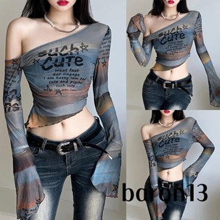 Áo thun lưới trong suốt in chữ một bên vai dài tay cho nữ