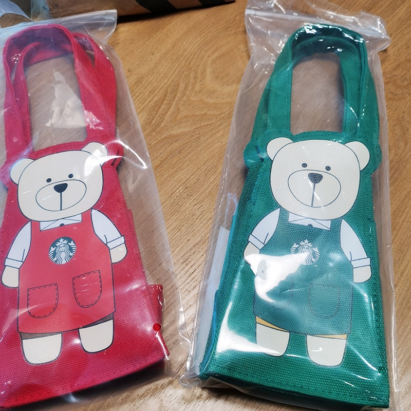 Túi canvas In Hình Gấu Hoạt Hình 2021 Đài Loan starbucks Màu Xanh Lá Đỏ Đen Thân Thiện Với Môi Trường