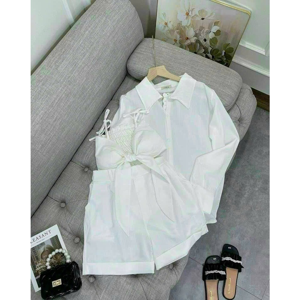 SET BỘ 3 MÓN ĐI BIỂN, ÁO BRA 2 DÂY PHỐI NƠ KÈM QUẦN SHORT VÀ ÁO KHOÁC TAY DÀI