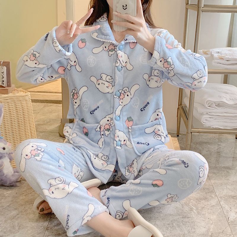 Bộ Đồ Ngủ Tay Dài Chất Nhung Dày Dặn In Họa Tiết Hoạt Hình Trái cherry / Gấu Dễ Thương Thời Trang Thu Đông Cho Nữ