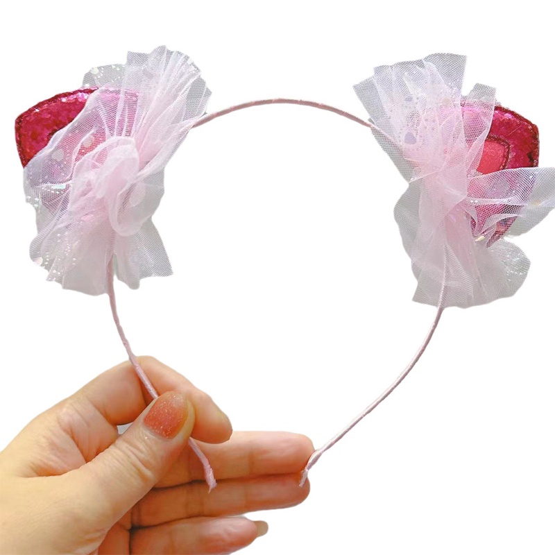 Băng Đô Tai Mèo Hai Mặt Màu Hồng Sáng Bóng Cho Bé