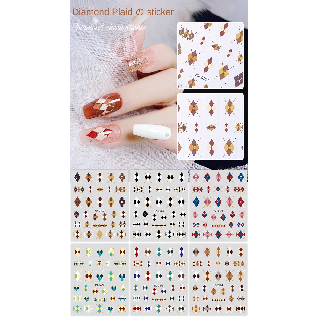 Miếng dán móng nghệ thuật ca rô kim cương  / Miếng dán móng tay dập nổi màu nâu đen trắng mùa thu đông