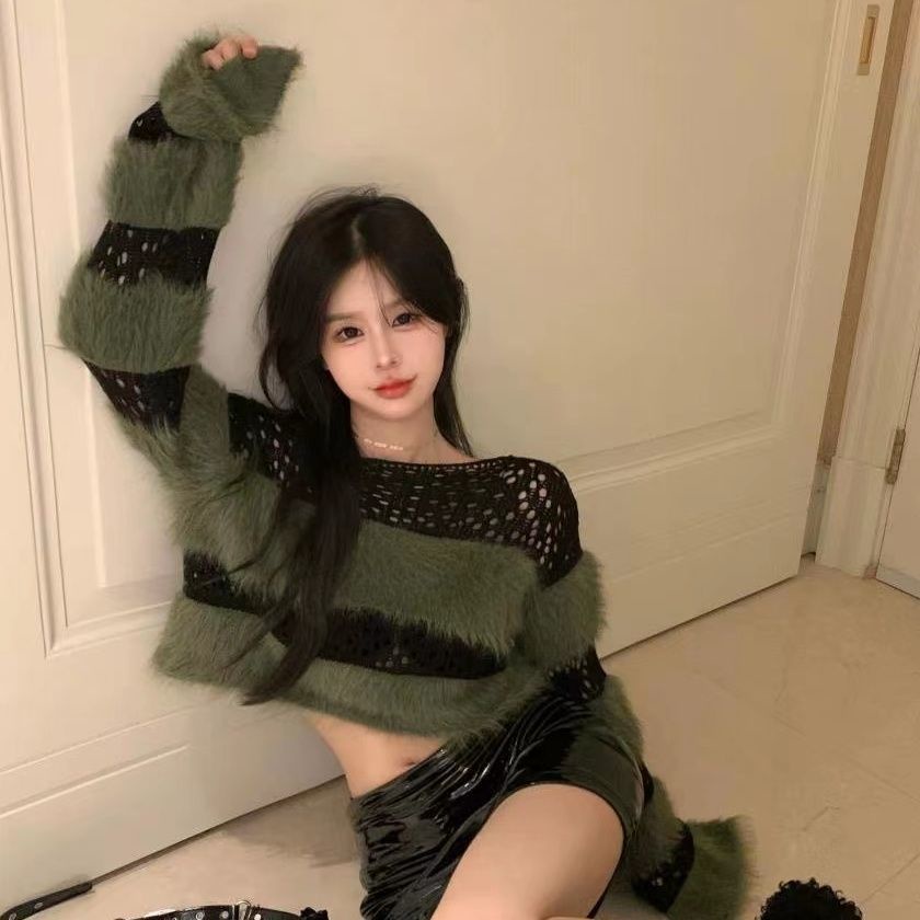 Milyfashion Áo sweater Ngắn Mềm Mại Họa Tiết Kẻ Sọc Rỗng Phối Tua Rua Thời Trang Mùa Thu Phong Cách Mới Cho Nữ