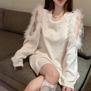 Áo Thu Đông Không Dây Dáng Rộng Đính Kim Cương Sang Trọng Cho Nữ