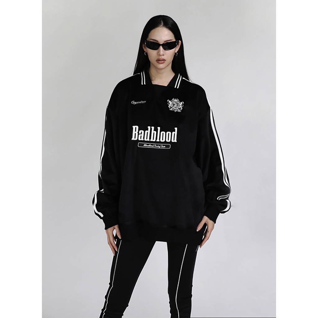 Áo Sweater Thể Thao Tròng Đầu Dáng Rộng Màu Trơn Thêu Chữ badblood Đường Phố Hàn Quốc Kẻ Sọc Màu Trơn Kiểu Mỹ