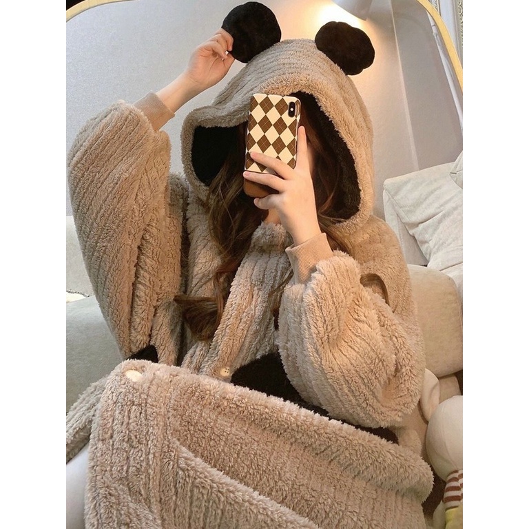 Áo Choàng Ngủ Dáng Dài Bằng Vải Lông Cừu San Hô Có Mũ Trùm Thời Trang Thu Đông Cho Nữ