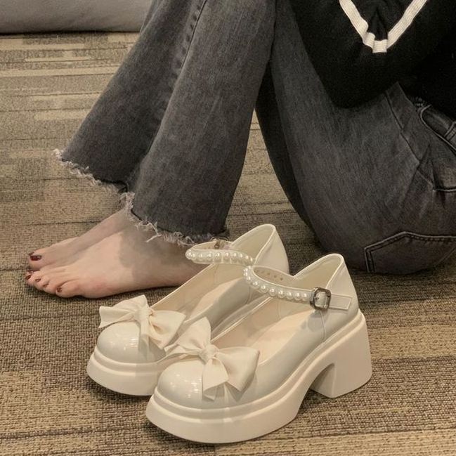 💖 💖Giày Da mary jane Đế Phẳng Dày Dặn Đính Nơ Ngọc Trai Thời Trang Xuân Hè Cho Nữ