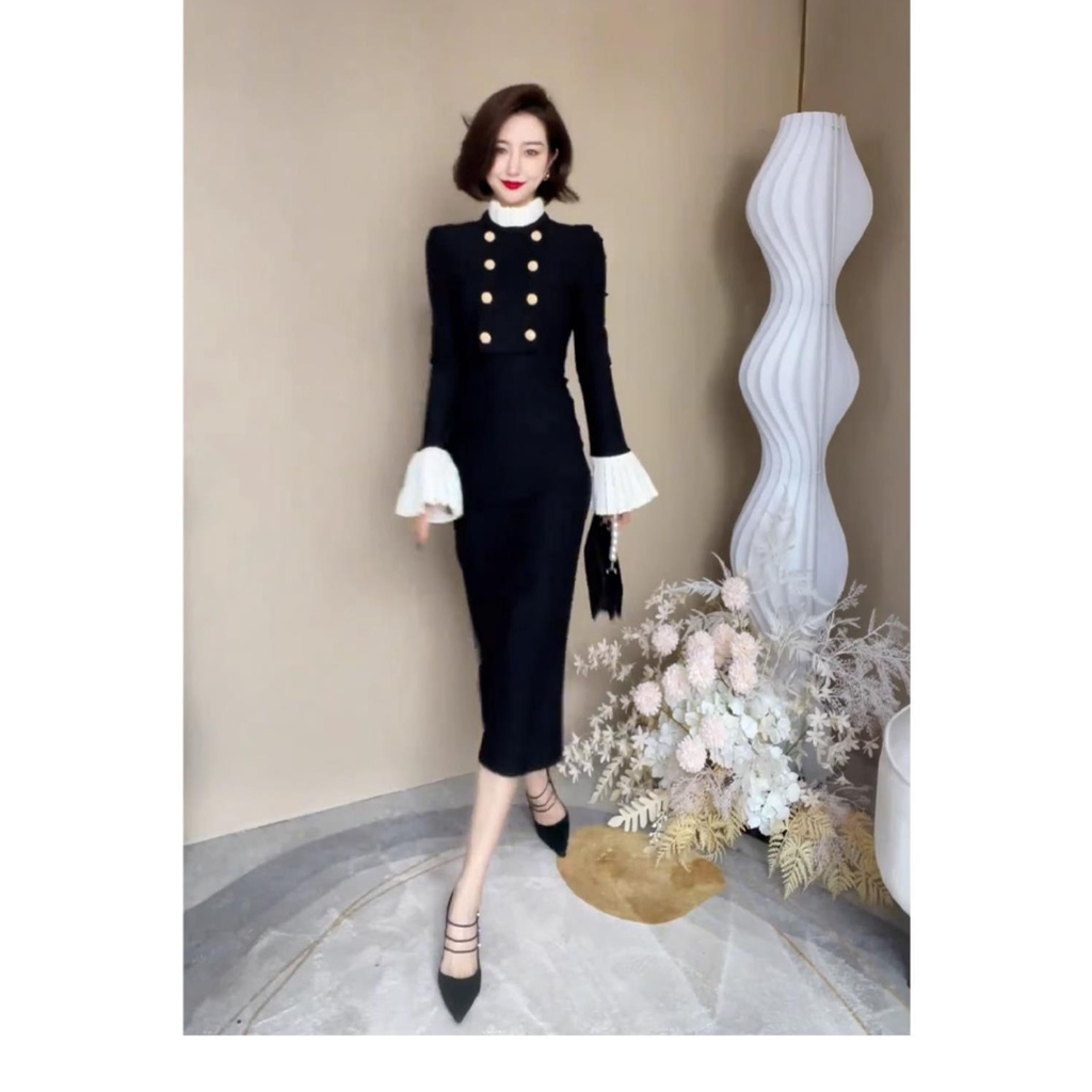 Đầm Thu Đông Màu Đen Cổ Đứng Siêu Đẹp Cao Cấp