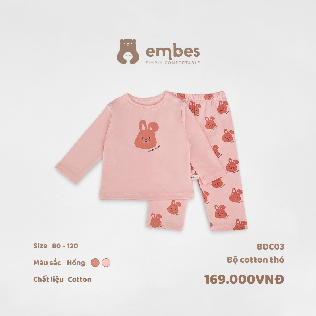 Bộ Embes dài tay cotton cho bé trai bé gái