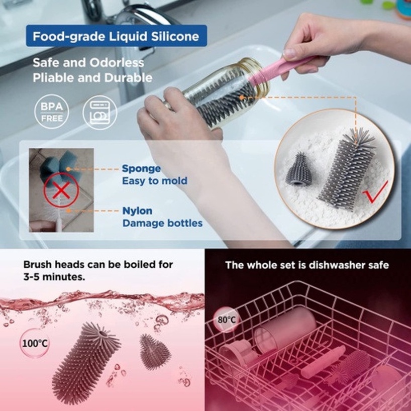 Set Cọ Rửa Bình Sữa 6 Trong 1 Bằng Silicon Đa Năng Có Giác Hút Tiện Dụng Mang Theo Du Lịch