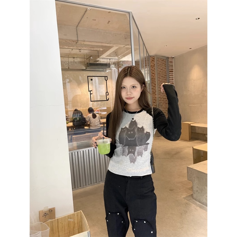 Áo Thun Tay Dài Dáng Ôm In Hình Mèo raglan Màu Sắc Tương Phản Thời Trang Mùa Thu Cho Nữ