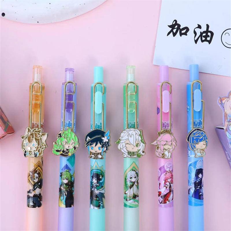 Mới 1 Hộp Bút Mực gel Ngòi 0.5mm Bằng Hợp Kim Kim Loại In Hình Hoạt Họa nahida yae Mielan gorou Ventti collei Làm Quà Tặng Cho Học Sinh