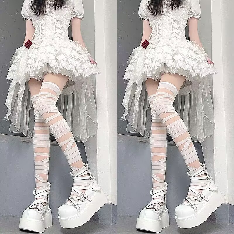 Japanese Lolita Black and White Bandage Stockings for Girls' New JK Uniform Cross Tie Long Tube Knee Length Stockings