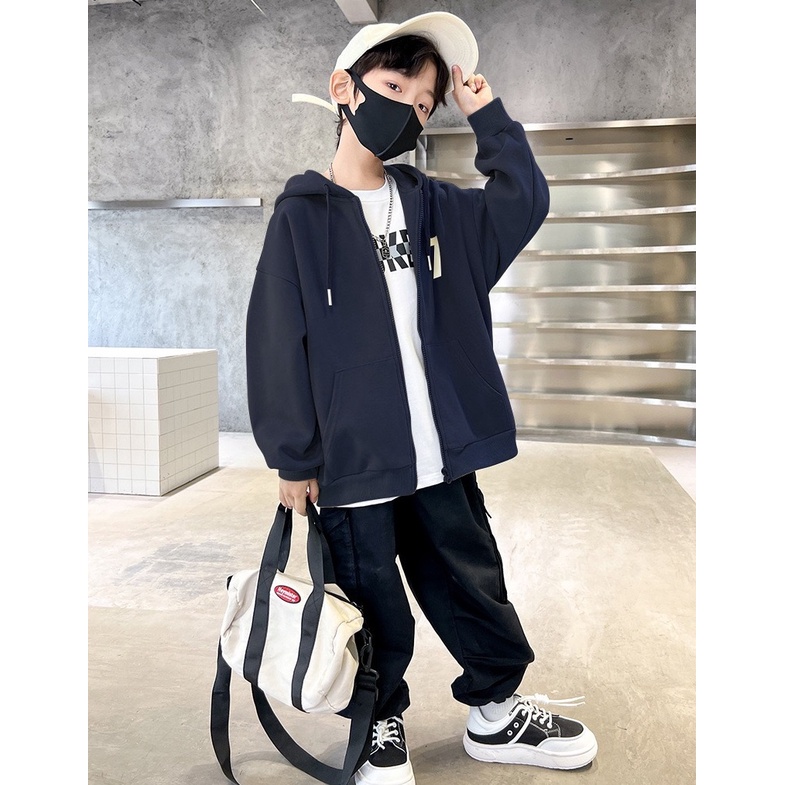 Áo khoác nỉ cho bé SIZE ĐẠI AB803 sz 120-170 màu xanh than chữ ABC, áo khoác có mũ phong cách thể thao thu đông 2023