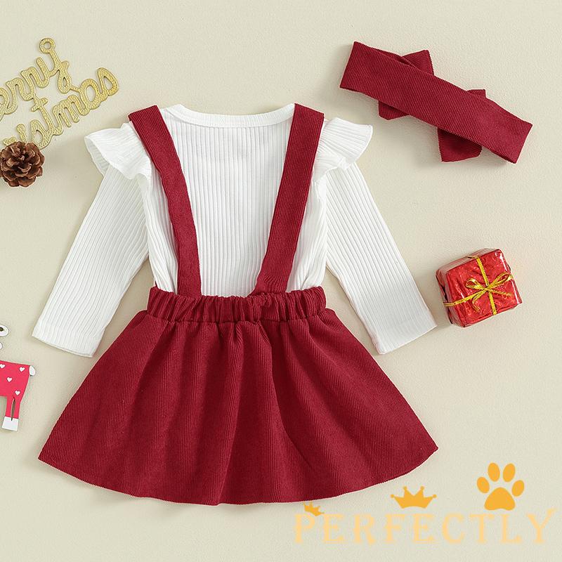 Set Áo Tay Dài + Váy Yếm + Băng Đô Hình Tuần Lộc Giáng Sinh Cho Bé Gái