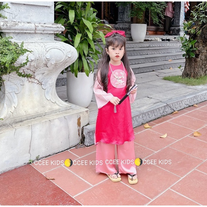 Set áo dài cách tân bé gái đình đám cho gái diệu hình thêu hoa xinh iuu