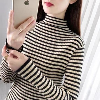 Áo Sweater Dệt Kim Cổ Cao Dáng Ôm Họa Tiết Kẻ Sọc Màu Sắc Phong Cách Phương Tây Thời Trang Thu Đông 2024