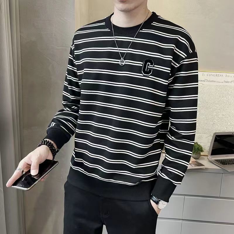 Áo Thun Nỉ Tay Dài Cổ Tròn Họa Tiết Kẻ Sọc Thời Trang Thu Đông Hàn Quốc Cho Nam