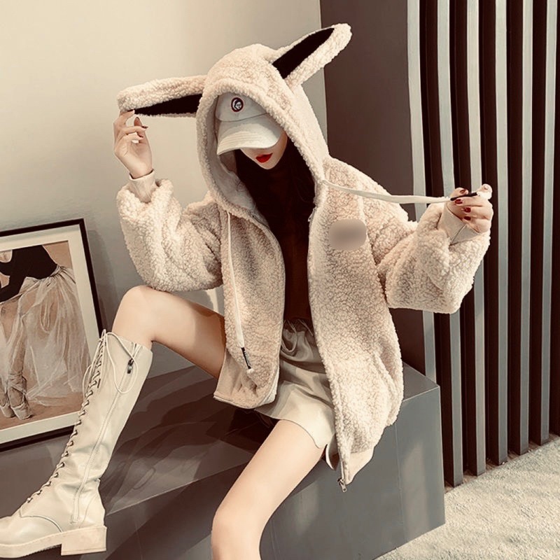 Áo khoác lông cừu tai thỏ trơn tay bồng nâu trắng form rộng dễ thương, Áo lông gấu ấm áp ulzzang hàn